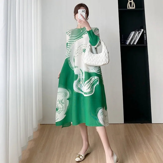 Miyake Style Pleated Dress for Woman Summer Fashion Print Round Neck A-Line Luxury Evening Dresses Women Casual - Women Prom