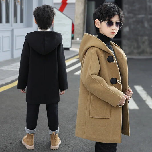 Autumn Winter Boys Wool Coat Mid-Length Solid Color Fashion Single Breasted Hooded Windbreak For 4-14Y Kids Handsome Parka Boy Jacket - Girl Jacket