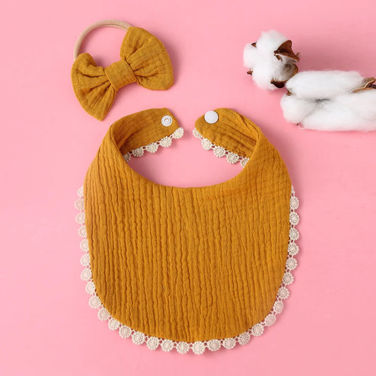 2Pcs/Set Cotton Bib Bow Headband Adjustable Button Saliva Towel Solid Color Infant Feeding Burp Soft Bibs Newborn - girl cloth - Baby Girls