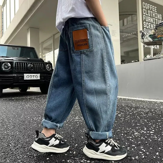 For 10 12 Years Kids Wear Baggy Summer Wear Teenager Elastic Band Boys Jeans