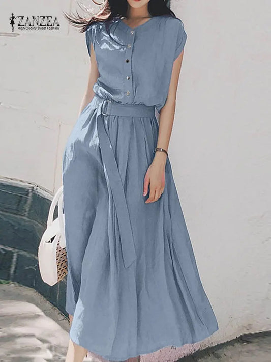 ZANZEA Summer Elegant Short Sleeve Party Midi Dress Woman Fashion Solid Holiday Sundress With Belted OL Work Vestido Robe Women Casual - Women Plus Size Clothing - Women Dress For Work
