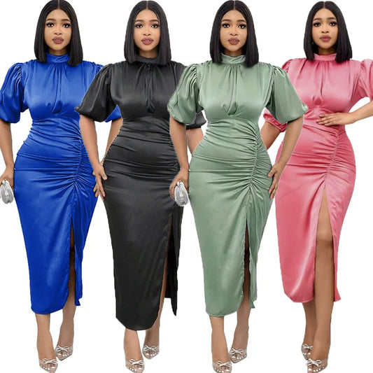 African Woman New Shiny Satin Fashion Abaya Long Dress Wedding Party Evening Gown Formal Women Plus Size Clothing - Women Prom