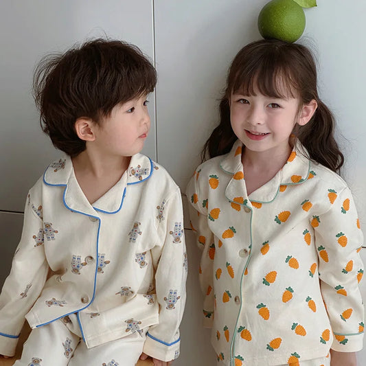 2-6Years Kids Toddler Autumn Korean Homewear Cartoon Lapel Top+ Pants Pajamas Set Nightwear Outfits Boys Sleepwear - Girls Sleepwear