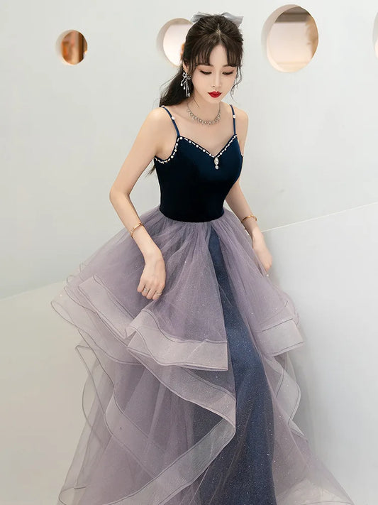 Sexy Long Spaghetti Strap Evening Dress Fashion French Host Dress Bling Shining Banquet Evening Gown Vestido Women prom - women contemporary