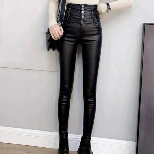 High Waisted Faux Leather Pants PU Leggings Single-Breasted Plus Velvet Matte Skinny Leggings Black Sexy Pencil Pants women legging