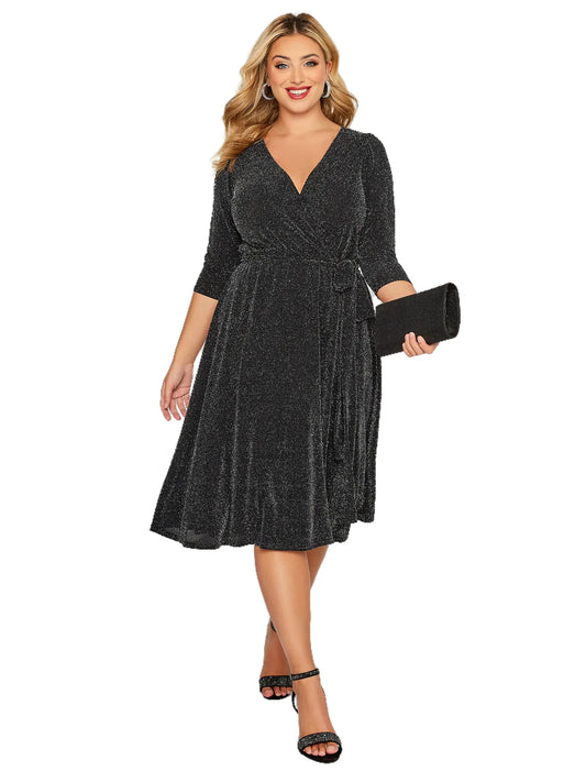 Women Plus Size Cloth Elegant Spring Autumn Wrap Dress Woman Long Sleeve Black Glitter Cocktail Party Dress Formal Evening Night Out Dress