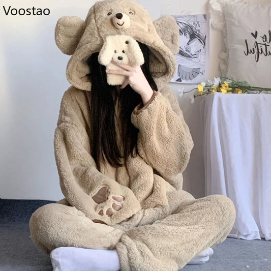 Autumn Winter Cute Bear Ears Coral Fleece Hooded Pajama Sets Women Sweet Kawaii Warm Homewear Girls Lounge Sleepwear 2PC Set