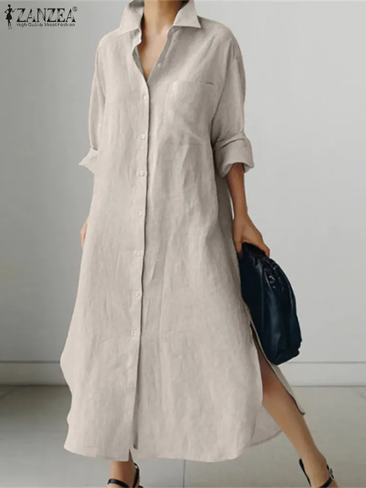Woman Long Shirt Dress ZANZEA Spring Lapel Neck Long Sleeve Midi Sundress Elegant Work Buttons Down Vestido Robe Femme Oversize Women Casual - Women Plus Size Clothing