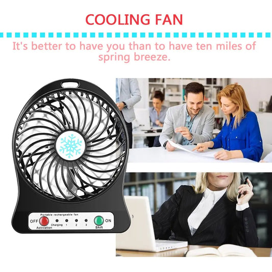 Portable Mini LED Fan Air Cooler Battery Operated USB Charging Desktop 3 Mode Speed Regulation LED Lighting Cooling
