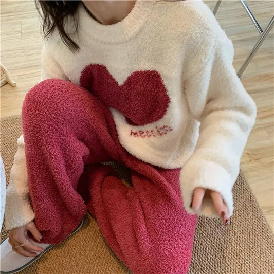 Thicken Warm Winter Pajama Sets Women Sweet Love Printed Designed French M-4XL Girls Sleepwear Leisure New Arrivals Home Lounge
