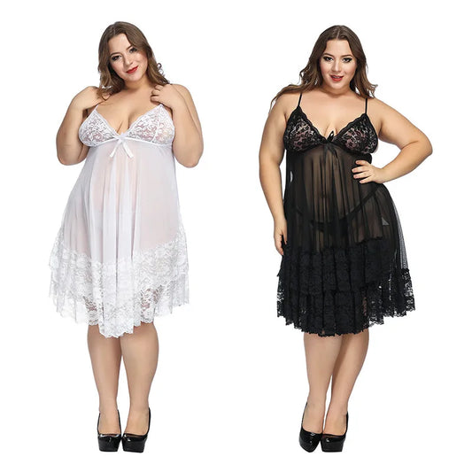 6 XL Big Size Sexy Nightdress with Thong Hot Dress See-Through Lace Sleeveless Pyjama Sexy Dress Nightwear Underwear Women Sleep - Women Plus Size Clothing