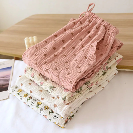 Women's Cotton Crepe Pajama Pants Loose Fit Elastic Waist Sleep Bottoms Breathable & Comfortable Home Lounge Wear