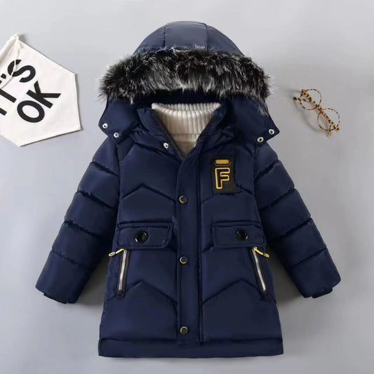 New Style Winter Keep Warm Boys Jacket Letter F Fashion Lining With Plush Fur Collar Hooded Heavy Boy Jacket - Girl Jacket