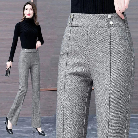 Office Lady Loose Flare Pants Autumn Winter Korean Woman Clothing Pockets Patchwork High Waist Fashion Solid Casual Trousers