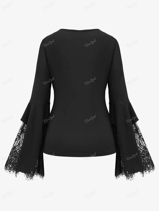 ROSEGAL New Gothic Floral Lace Panel T-shirt Black Sweetheart Neck Cinched Lace-trim Flare Sleeves For Women Streetwear Women Tops - Women Prom