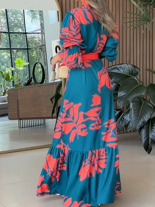 Deioao Sexy Elegant Long Dress Robes For Woman V Neck Long Sleeve Loose Flower Laceup Fashion Travel Women Plus Size Clothing - Women Casual - Women Prom