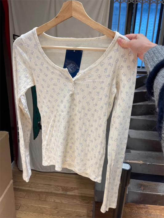 Little Bear Eyelet Long Sleeve T-Shirt Woman Three Buttons Round Neck Slim Tee Shirt Autumn Sweet Cute Vintage Cotton Tshirt girl tops - women short - women contemporary - women tops