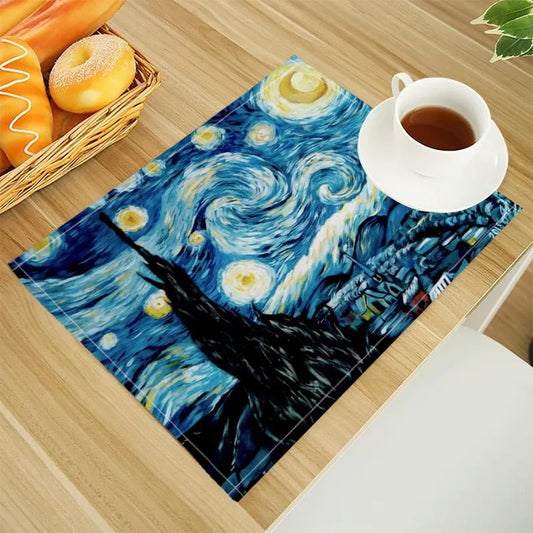 Van Gogh The Starry Night Print Linen Table Mats Alphabet Placemat 30X40cm Coasters Pads Bowl Cup Mat Dining