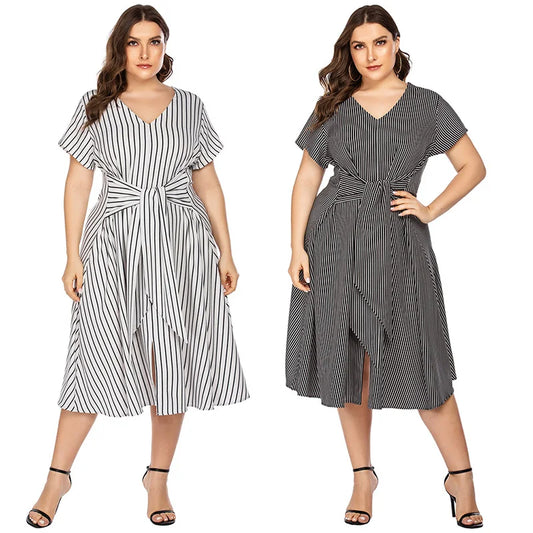 Spring/Summer Plus Size Women's Home Furnishings Pajamas Fat MM Stripe Printed V-neck Short Sleeve Lace Dress Women Short - Women Casual
