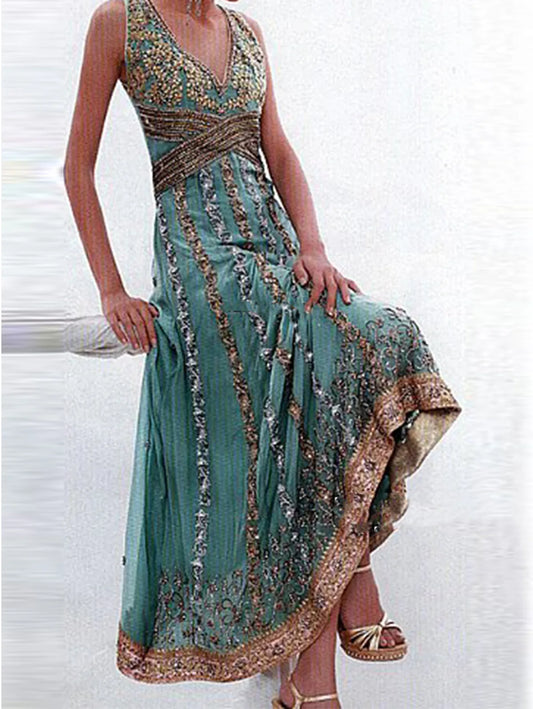 Woman Summer Elegant V Neck Beads Sequins Embroidery Sleeveless Midi Dress Loose Ladies Vacation Beach Dress Women Casual - Women Prom