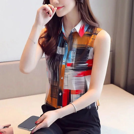 Fashion Lapel Sleeveless Printed Spliced Button Chiffon Shirt Summer Office Lady Blouse Women Casual - Women Dress For Work - Women Tops - Women Plus Size Clothing