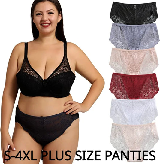 6/10PCS Plus Size Lace Cheeky Woman Panties Floral Sexy Cheeky High-Waist Briefs Women's Underwear Breathable Intimate Women Lingerie - Women Plus Size Clothing