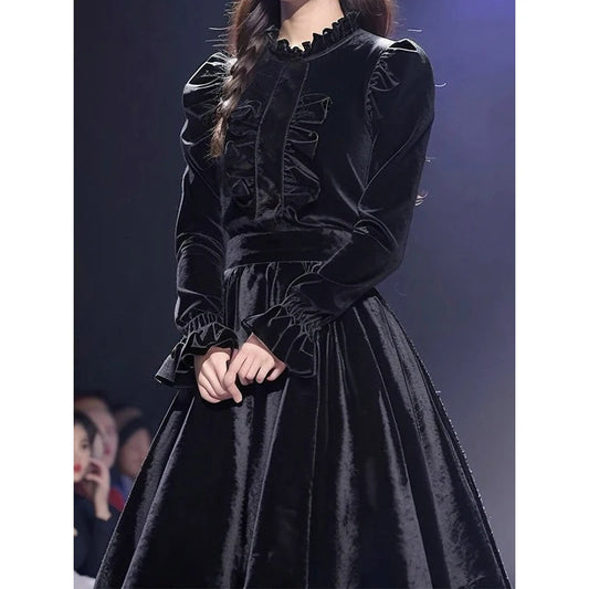 Elegant Women Dress Black Vintage Velvet Long Sleeve Gothic French Style Office Ladies Y2K Casual Evening Party Dresses 2024