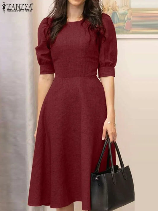 Elegant Office Lady Sundress Summer Half Sleeve Slim A-line Dress Fashion Solid Work Knee-length Vestidos Robe Women Dress For Work