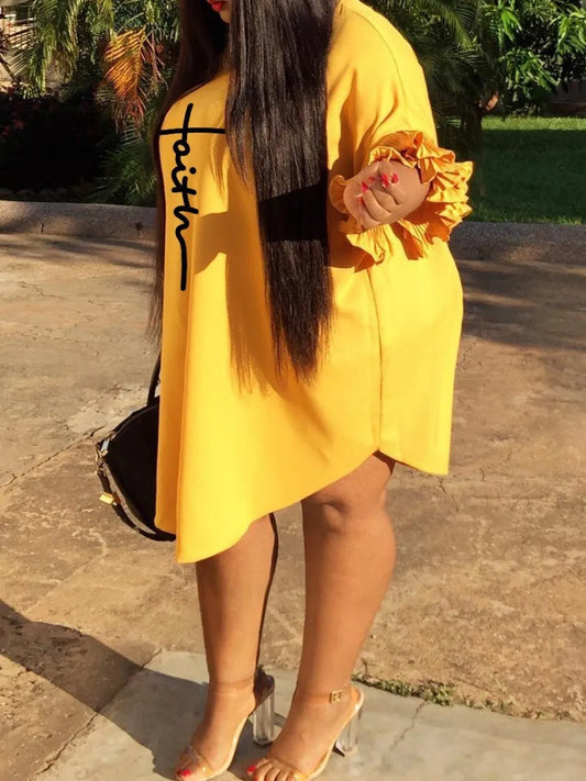 LW Faith Letter Print Ruffle Design Loose Dress Elegant Summer Butterfly Sleeve Drop Shoulder A Line Women Plus Size Clothing - Women Casual