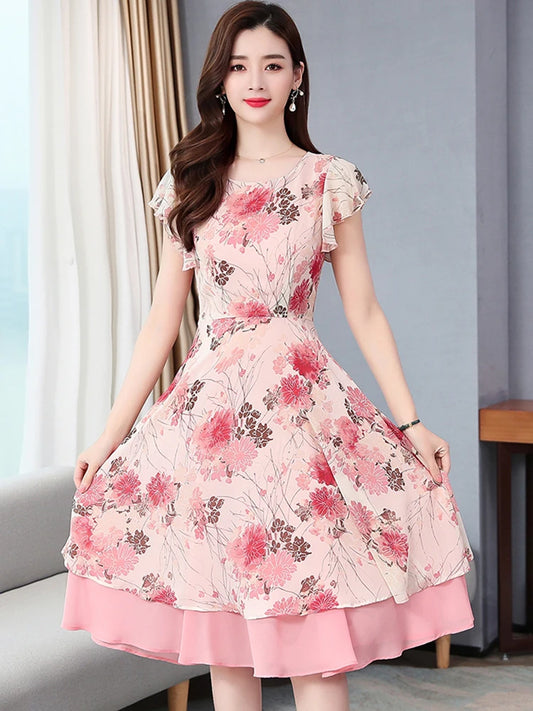 Pink Floral Ruffle Casual Boho Beach Kawaii Sundress Woman Chic Sexy Midi Dress Korean Elegant Bodycon Evening Vestido women prom