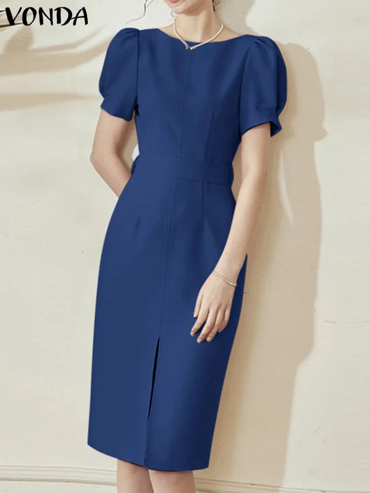 Office Dress VONDA Elegant Woman Summer Long Sleeve Long Shirt Sundress Robe Fashion Dress Solid Color Midi Vestidos Women Casual - Women Dress For Work