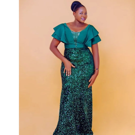 Women Plus Size Cloth Evening Party Dresses Woman New Fashion V-neck Short Sleeve Green Dresses Elegant Slim Sequin Women's Mermaid Dresses Women Work Dress