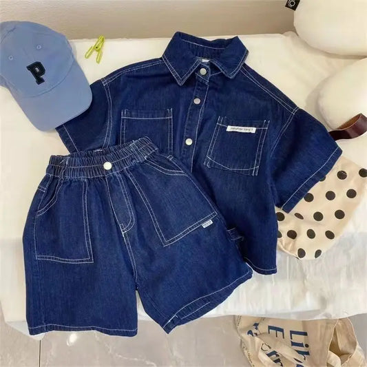 Spring Summer Kids outfit Children Clothes Boys Suit Denim Tops + Jeans Pants 2Pcs/Set Infant Casual Outfits 2-12 years Boy shorts - Girls Short