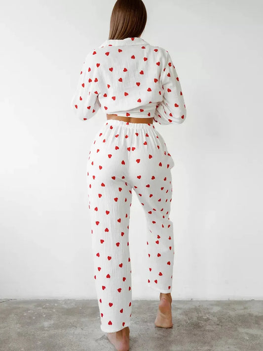 Two-piece set Pajamas for ladies sweet cotton lovely Heart Printed Turn-down Collar Long-sleeve Trousers Sleepwear for sleeping Women Sleep