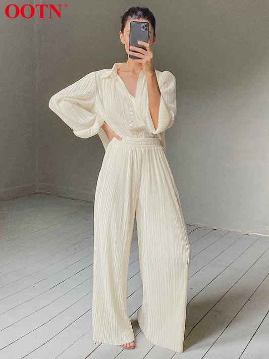 OOTN Khaki Pleated Wide Leg Pants Women Trousers Elegant Women Casual Palazzo Pants Elastic High Waist Ruched Oversized Pants Sports