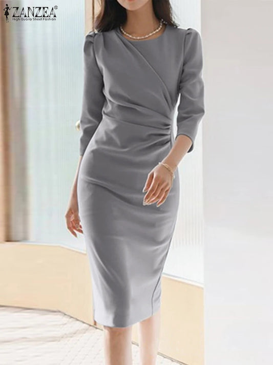 ZANZEA Elegant Sexy Dresses For Woman Casual Office Lady Bodycon Dress Spring Summer Work Vestido Mid-Calf Length Robe Women Dress For Work