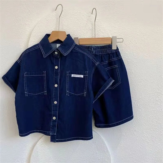 Spring Summer Kids outfit Children Clothes Boys Suit Denim Tops + Jeans Pants 2Pcs/Set Infant Casual Outfits 2-12 years Boy shorts - Girls Short