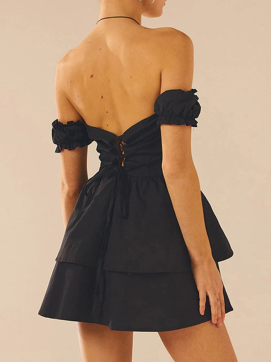 ZIYIXIN Woman Y2k Romper Dress with Shorts Sleeve Sexy Solid Color Bodysuits Ruffle Off-shoulder Party Dress Women Short - Women Prom