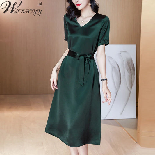 Loose Smooth Satin Dress Woman Solid Colors Lace Up High Waist Midi Dress Ladies Plus Size Bodycon Dress Summer Women Dress For Work - Women Prom