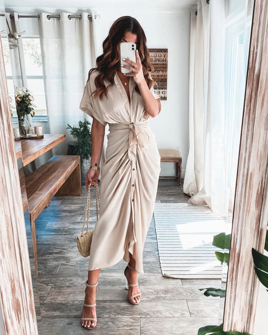 Amazon Woman Summer Elegant Button Ruched Bandage Shirt Dress Fashion Short Sleeve Solid V Neck Beach Maxi Dress Women Casual - Women Lingerie