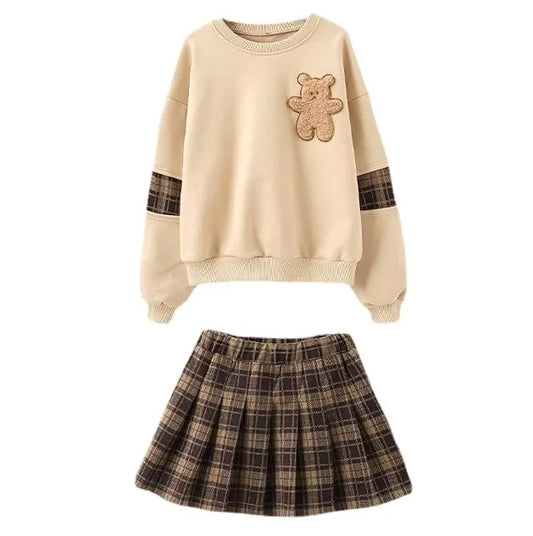 Autumn winter teenager bear hoodie t-shirt + plaid spring JK pleated skirt uniform 4 5 6 7 8 9 10 11 12-year Girl Skirt