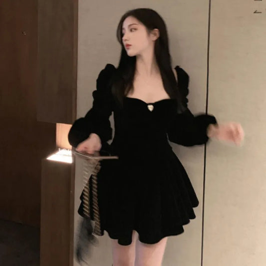 Dresses Women Party Solid Retro Soft Square Collar Design Lady Autumn Cozy Mini French Style Tunic Elegant Casual Chic Vestidos