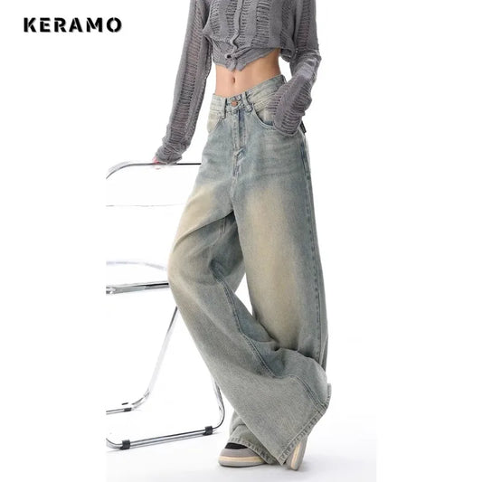 Korean Vintage Casual High Waist High Street Style Light Blue Straight Jeans Pants Women's Wide Leg Baggy Y2K Denim Trouser Women Jeans