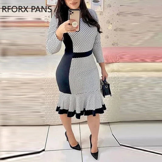 Woman Elegant Chic Polka Dot Patchwork Round Neck Wrist Mermaid Bodycon Midi Women Work Dress