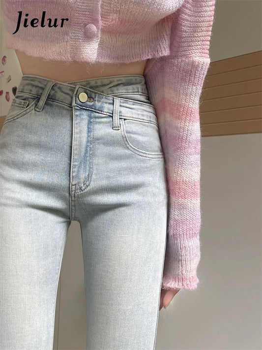 Jielur Irregular Light Blue Autumn Women's Jeans Fashion Office Lady High Waist Slim Tight Hip Zipper Simple Female Flare Pants Women Jeans -Girls Jeans