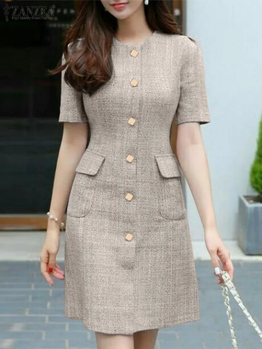 ZANZEA Elegant Woman Short Sleeve Slim Fit Dress Korean Fashion Summer Sundress Stylish Buttons Down OL Work Vestido Robes Women Dress For Work - Women Short