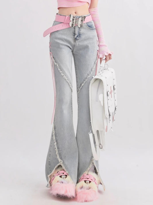 Summer Denim Vintage Sweet Pants Women Slim Lace-up Korean Casual Flare Pants Female Japanese France Elegant Open Fork Jeans New Women Jeans - Girls Jeans