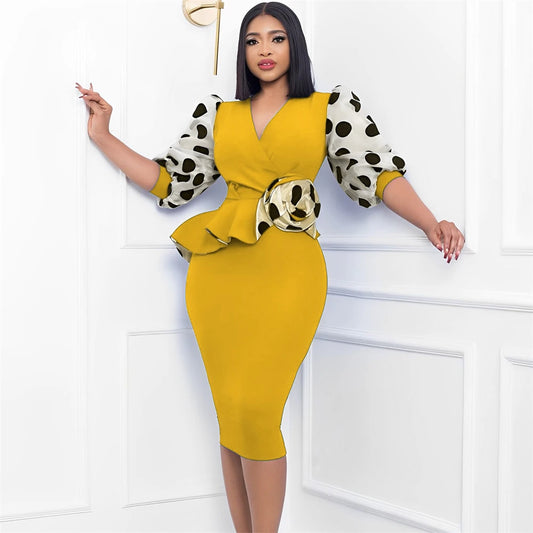 African Dresses for Woman Puff Sleeve High Waist Midi Bodycon Slim Fit Robe Office Femme Wear Vestido Women Dress For Work - Women Plus Size Clothing