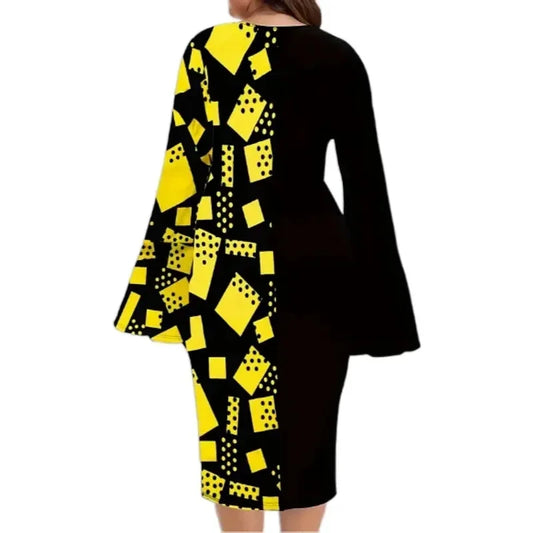 Women's Church Dresses Business Bodycon Flared Sleeve Round Neck 5Xl Patchwork Peplum Curvy Pencil Dresses Women Dress For Work - Women Plus Size Clothing