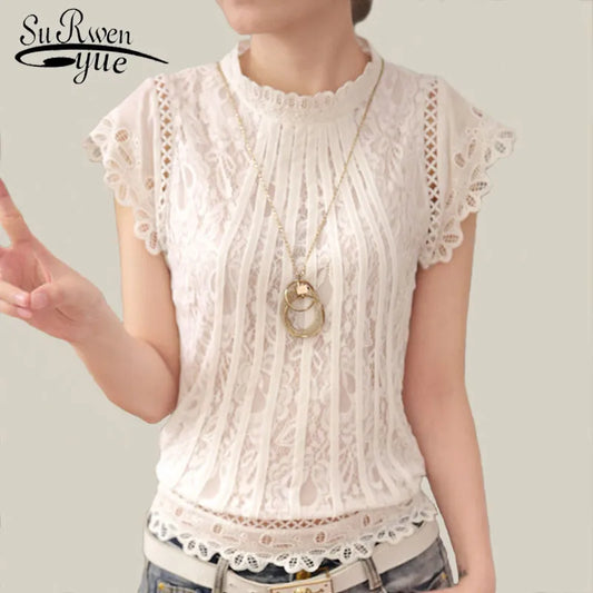 Ladies White Lace Blouse Short Sleeve Stand Collar Women's Top Elegant Patchwork Crochet Women's Shirt Plus Size Blusas Mujer 01C Women Tops - Women Short